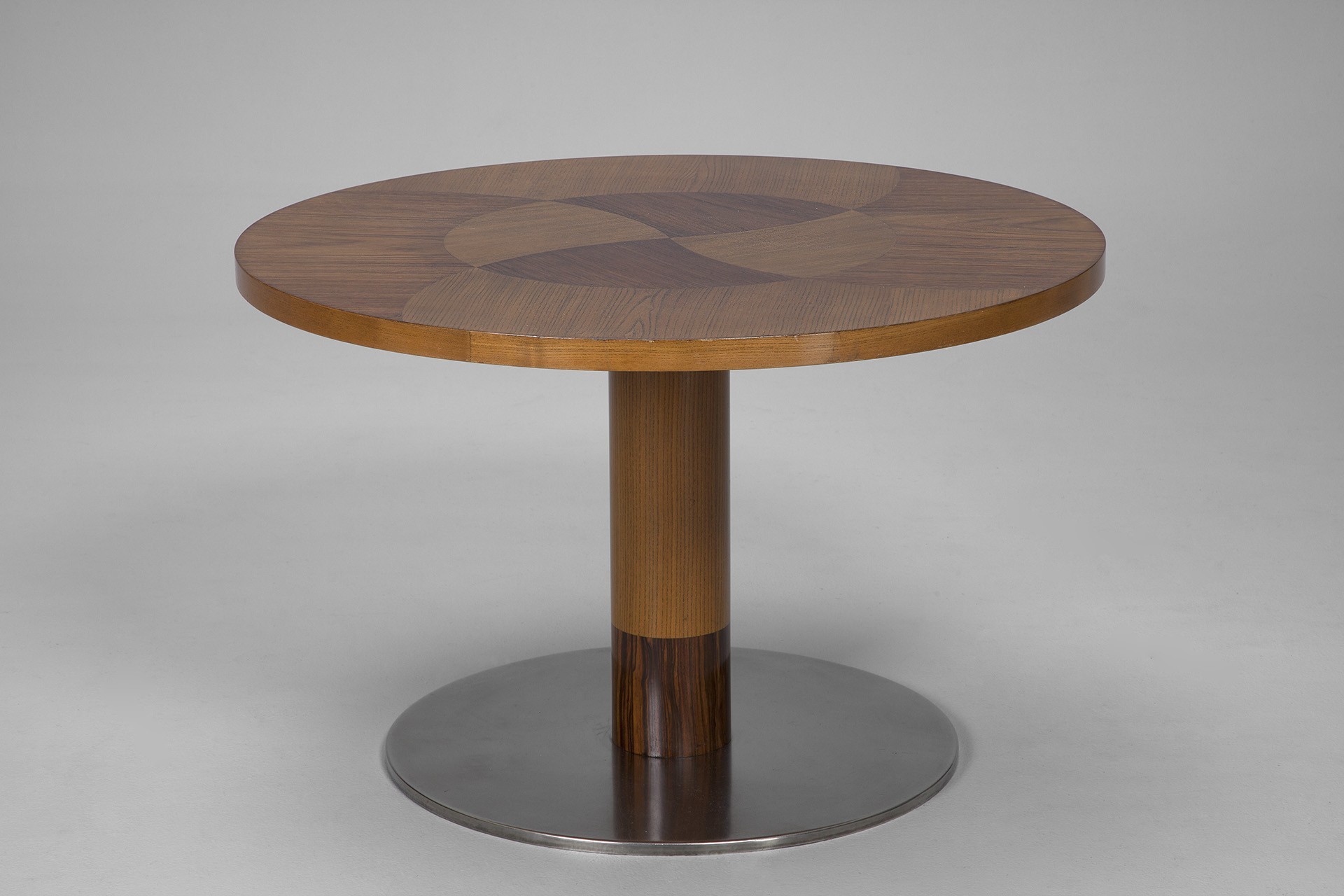 Otto Schulz, Table, 1930s, Inlaid elm and rosewood top, nickel metal base, Produced by Boet.