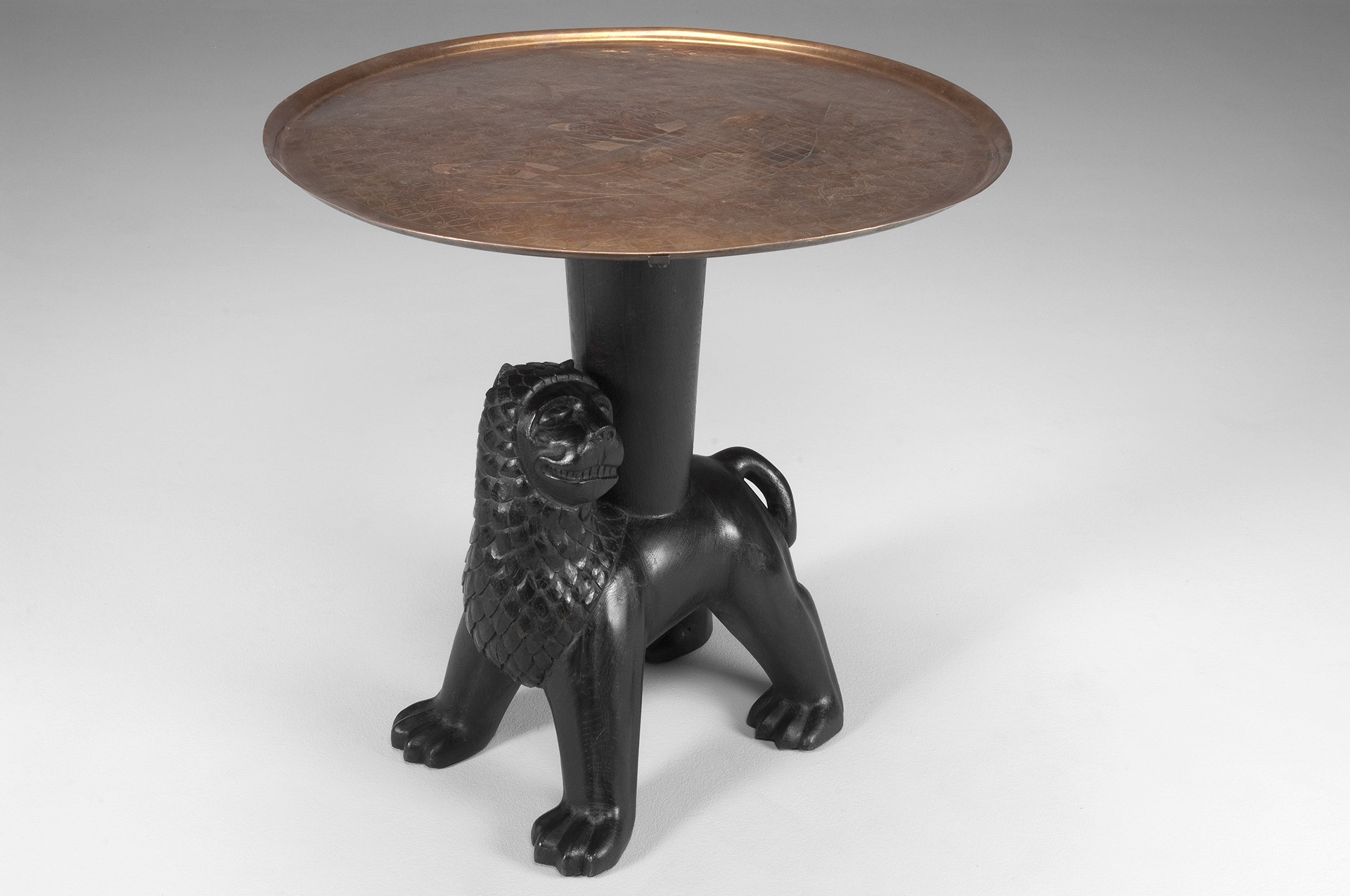 Anna Petrus, Table, 1925, Oak, copper tray with engravings of stylised finishing scenes, Produced by Anna Petrus.