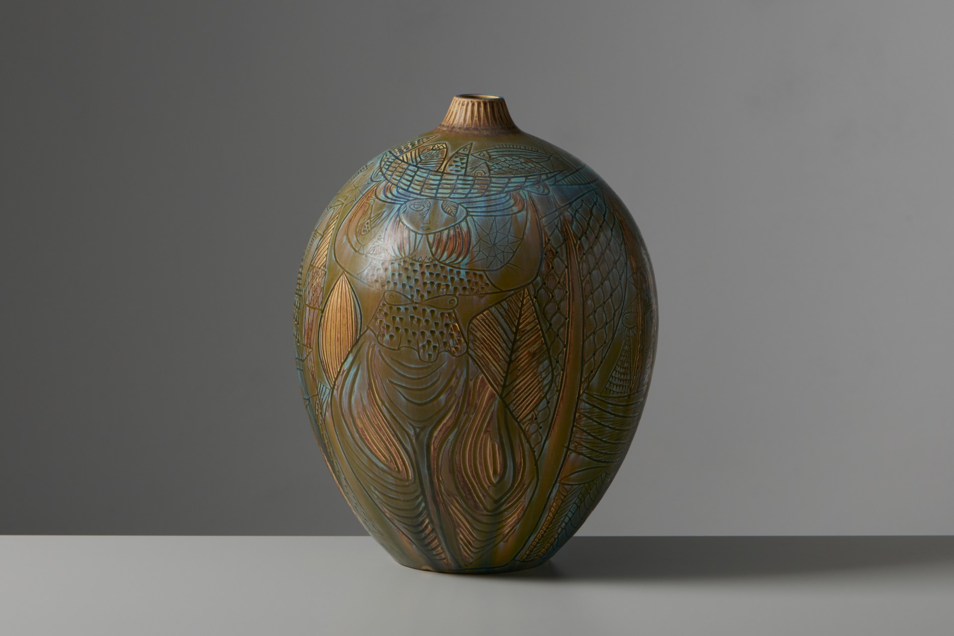 Stig Lindberg, Large Vase, Glazed stoneware with inscribed decoration, Gustavsberg studio hand signature and artist signature, Produced by Gustavsberg Studio.