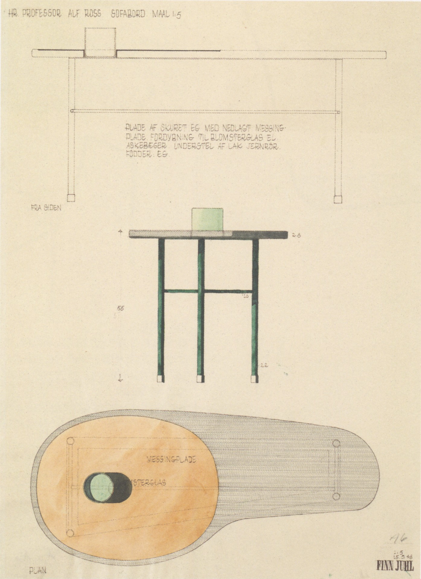 Original draft for the 'Ross' table, this is for the version in oak with a green lacquered frame. Alf Ross went with the teak version with a white lacquered frame. Only the white version below has been executed. Photo: Designmuseum Denmark Archive
