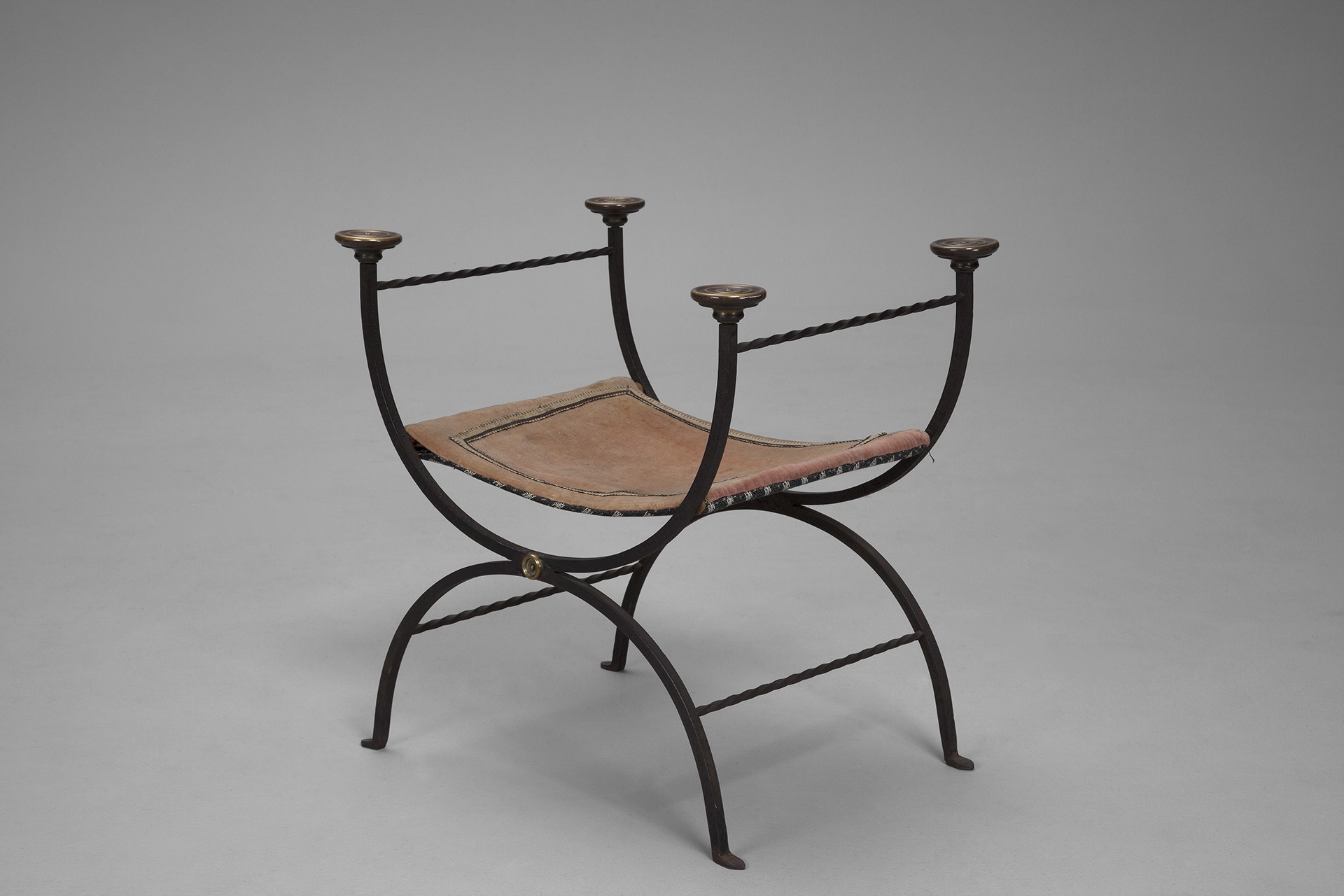Neoclassical Stool, Carl Hörvik, 1920s, Forged iron, impressed decoration, brass, velvet.
