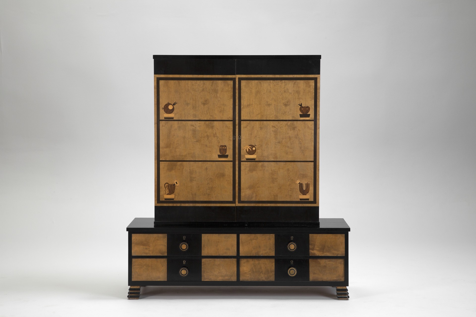 Otto Schulz, Cabinet, 1930s, Birch and black lacquer, with inlay of abstract cactus plants in different woods, Produced by Boet.
