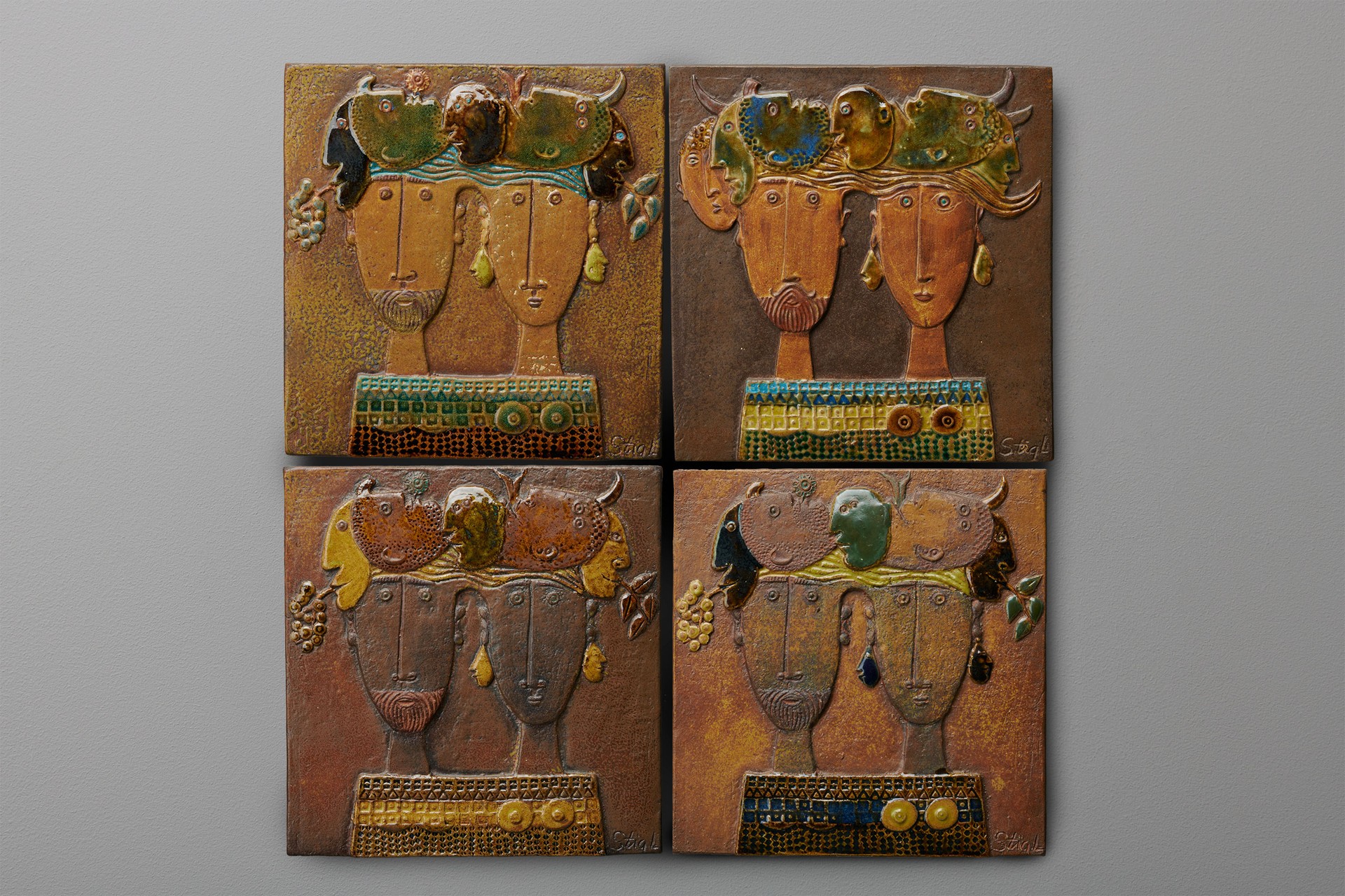 Stig Lindberg, Set of Four Tiles, 1970s, Glazed stoneware, Each incised 'Stig L' and impressed with manufacturer's marks, Produced by Gustavsberg Studio.