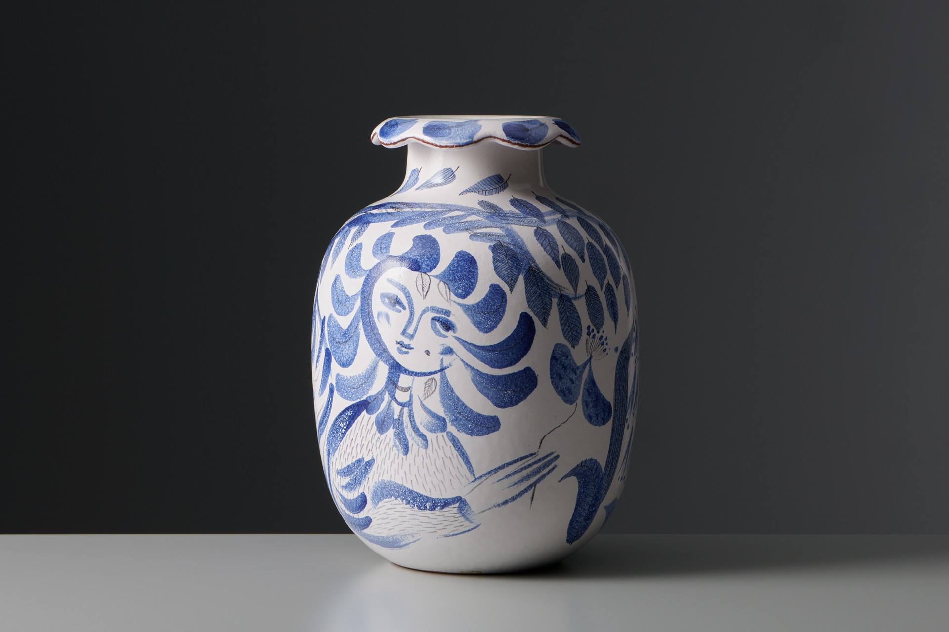 Stig Lindberg, Faience Vase, 1940s, Hand painted tin glaze, Signed Stig L. studio hand, impressed 'Gustavsberg' and 'hand drejad' (hand thrown), Produced by Gustavsberg Studio.