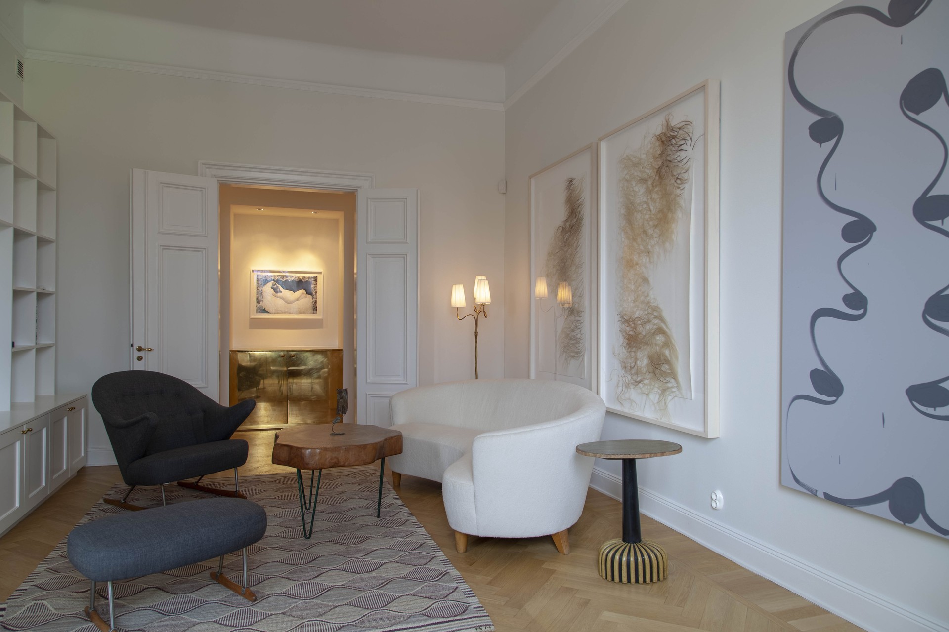 "Spättan" Carpet by Barbro Nilsson for Märta Måås Fjetterström 1950s
"Sleigh" Armchair and Footstool by Børge Mogensen 1953
Table Pierre Jeanneret 1950s
Sofa by Greta Magnusson Grossman 1940s
Side Table 'Mora' by Axel Einar Hjorth 1930
Nandipha Mntambo ,Quiet Acts of Affection XV, 2012
Cow hair on Fabriano paper, each, incl. frame (diptych)
Amy Feldman,Unitiled,2015 - 2017, Acrylic on canvas,
Frida Orupabo, Untitled, 2018, framed pigment prints on acid free semigloss cotton paper
