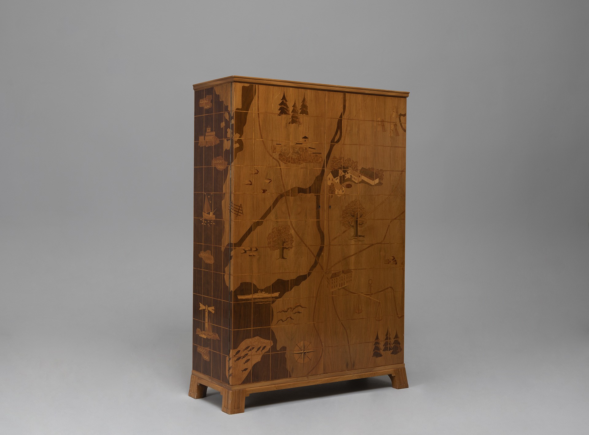 Otto Schulz, Rare Cabinet, 1945, Highly detailed various inlaid woods depicting the Swedish landscape of Gothenburg, Produced by Boet.