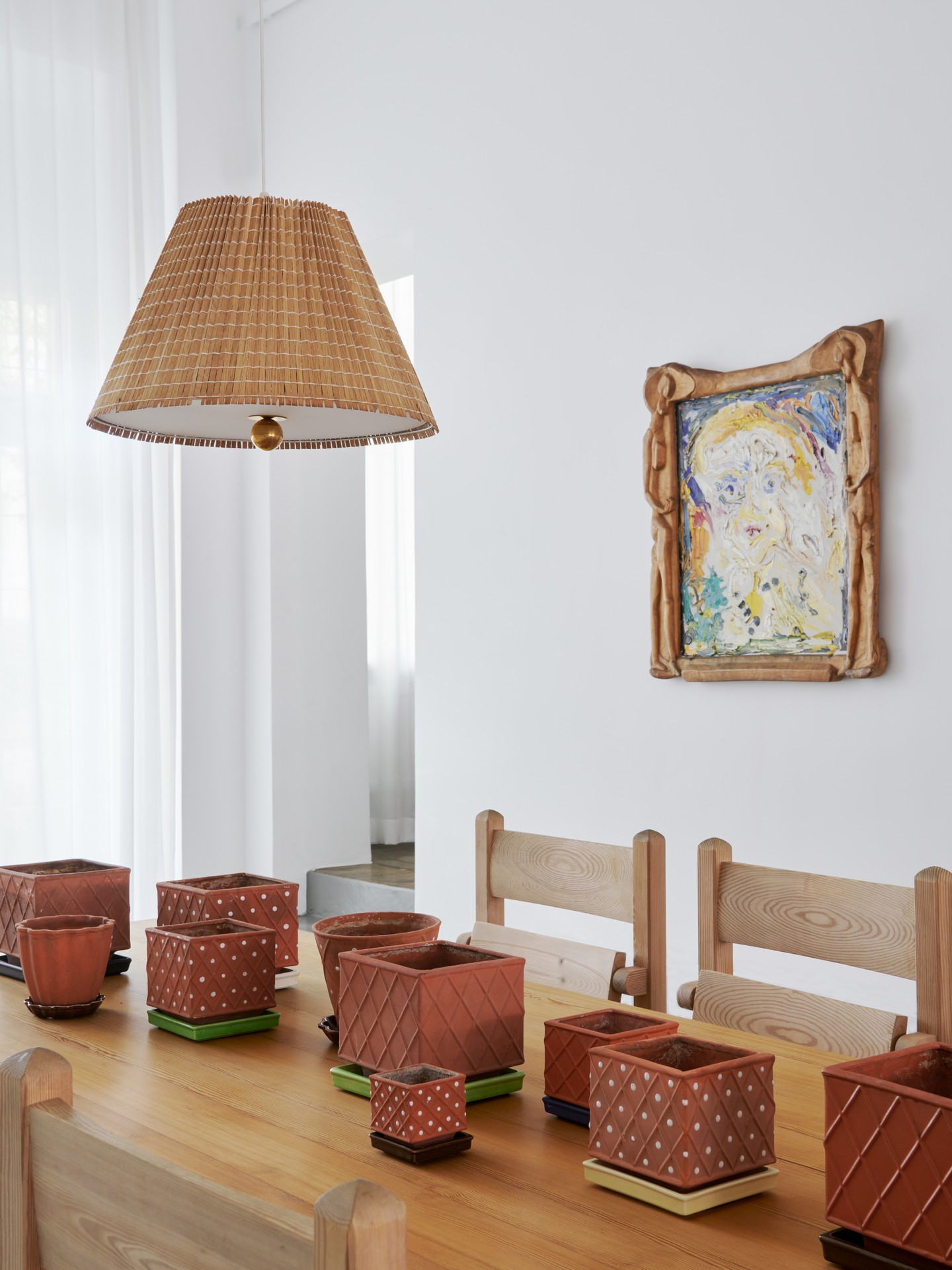 Pair of Adjustable Ceiling Lamps (model no. 1968), Paavo Tynell, Produced by Taito Oy, circa 1950, Brass, painted metal, wood shade, fabric diffuser, Stamped with manufacturer's marks.