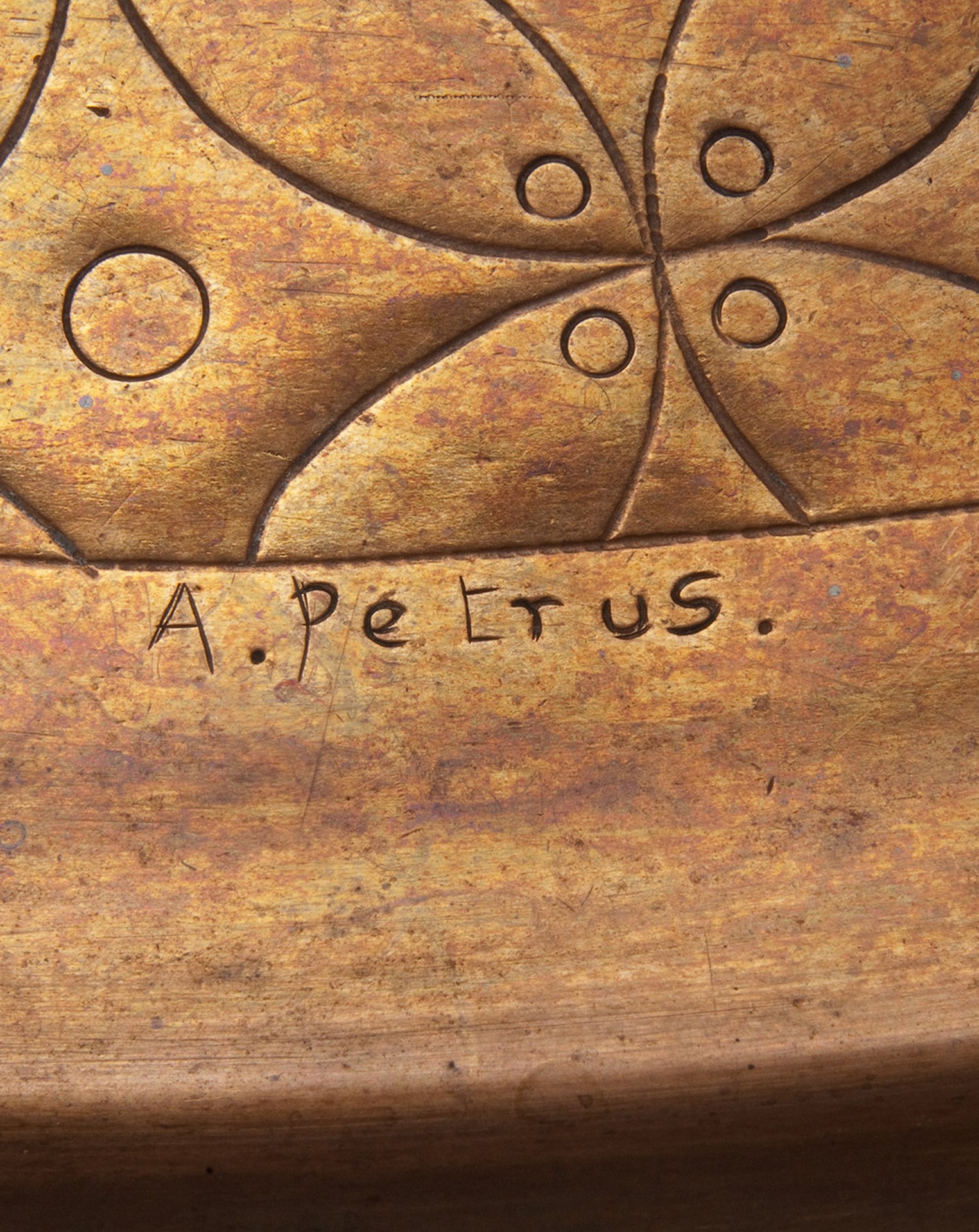 Anna Petrus, Table, 1925, Oak, copper tray with engravings of stylised finishing scenes, Produced by Anna Petrus.