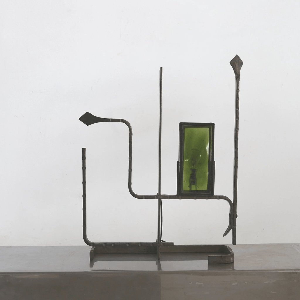 Unusual Forged Steel & Coloured Glass French Brutalist Lamp