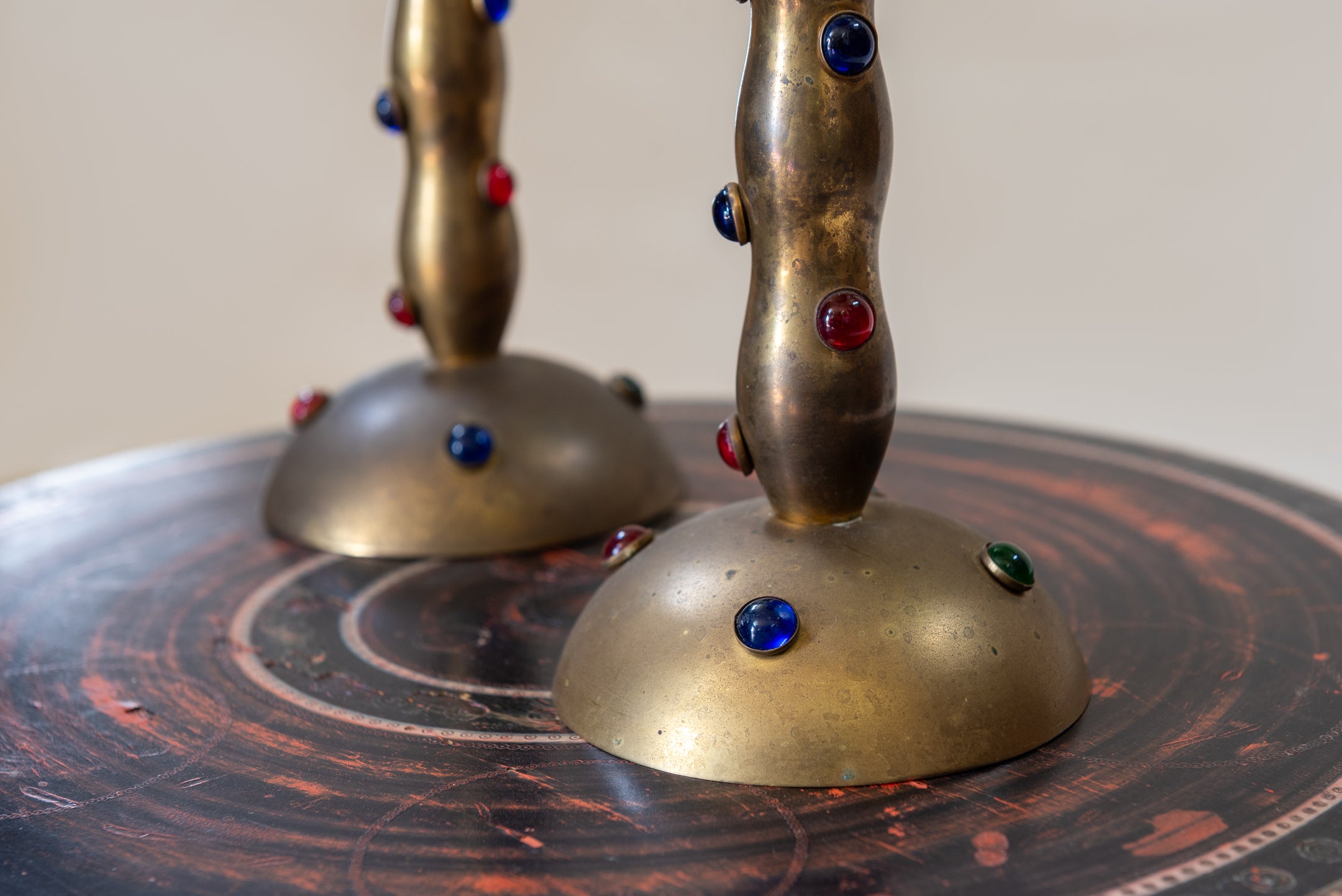 A Pair of Cabochon Mounted Brass Candlesticks image 4