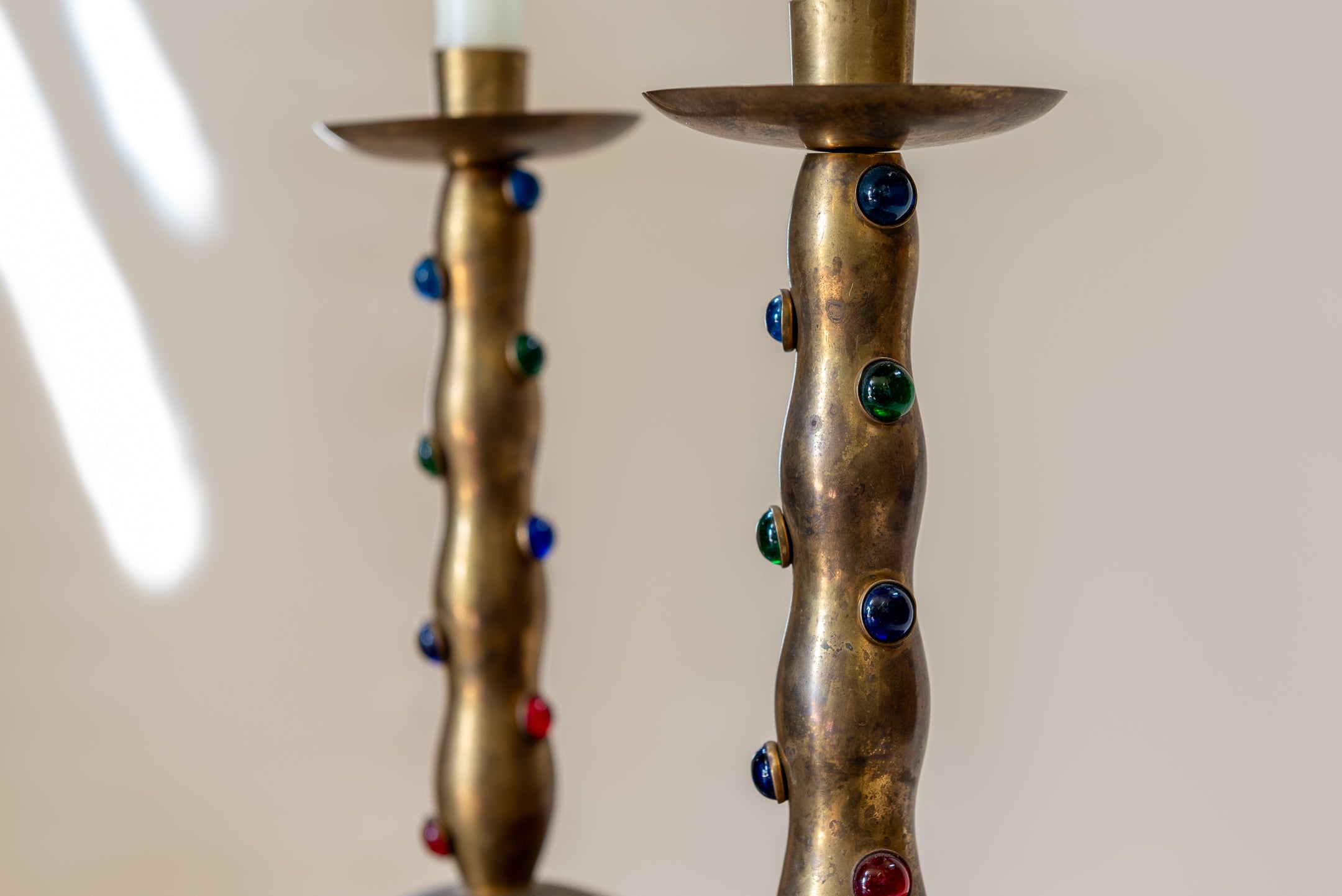 A Pair of Cabochon Mounted Brass Candlesticks image 3