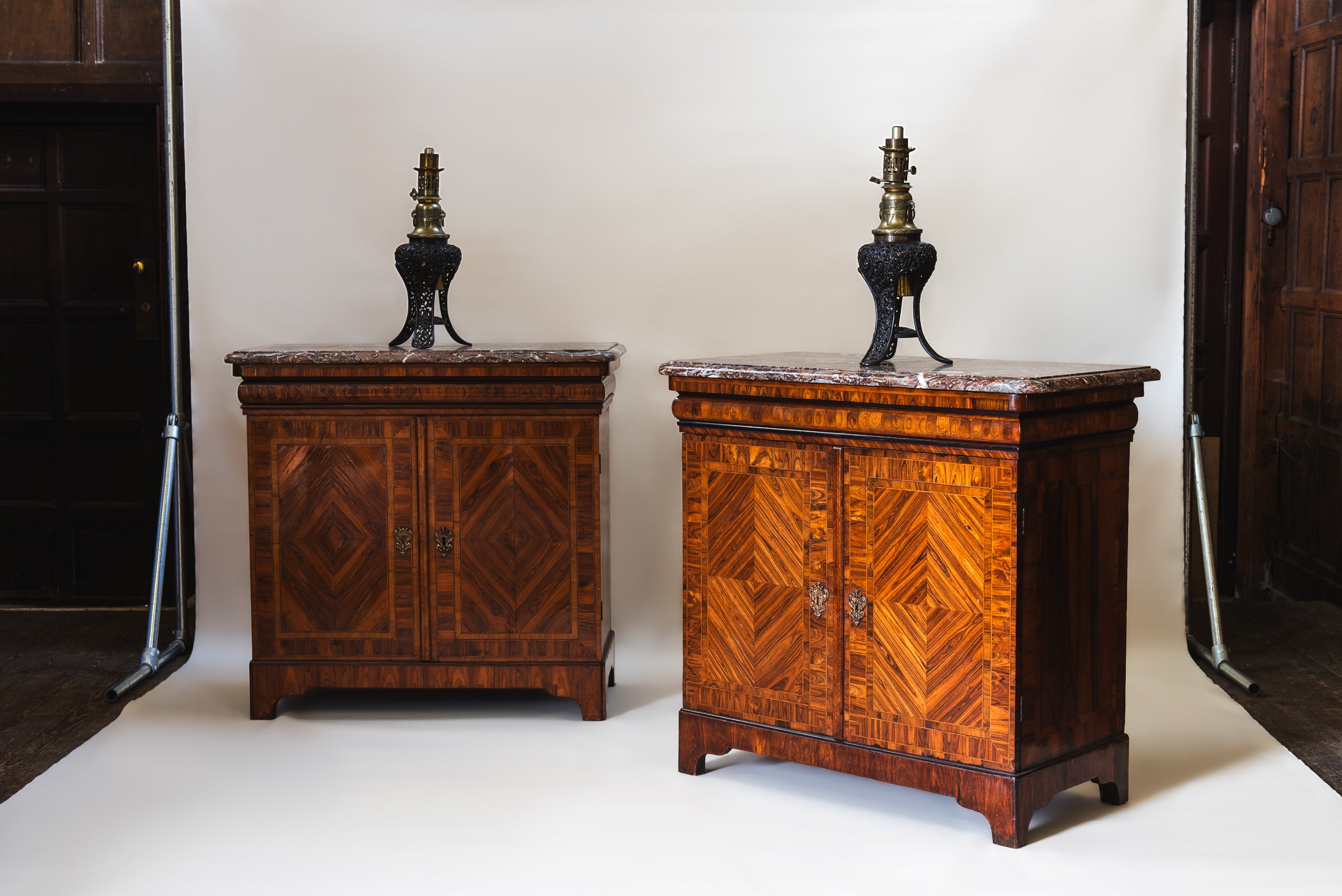 A Pair of Louis XV style Kingwood and Rouge Royal Marble Side Cabinets