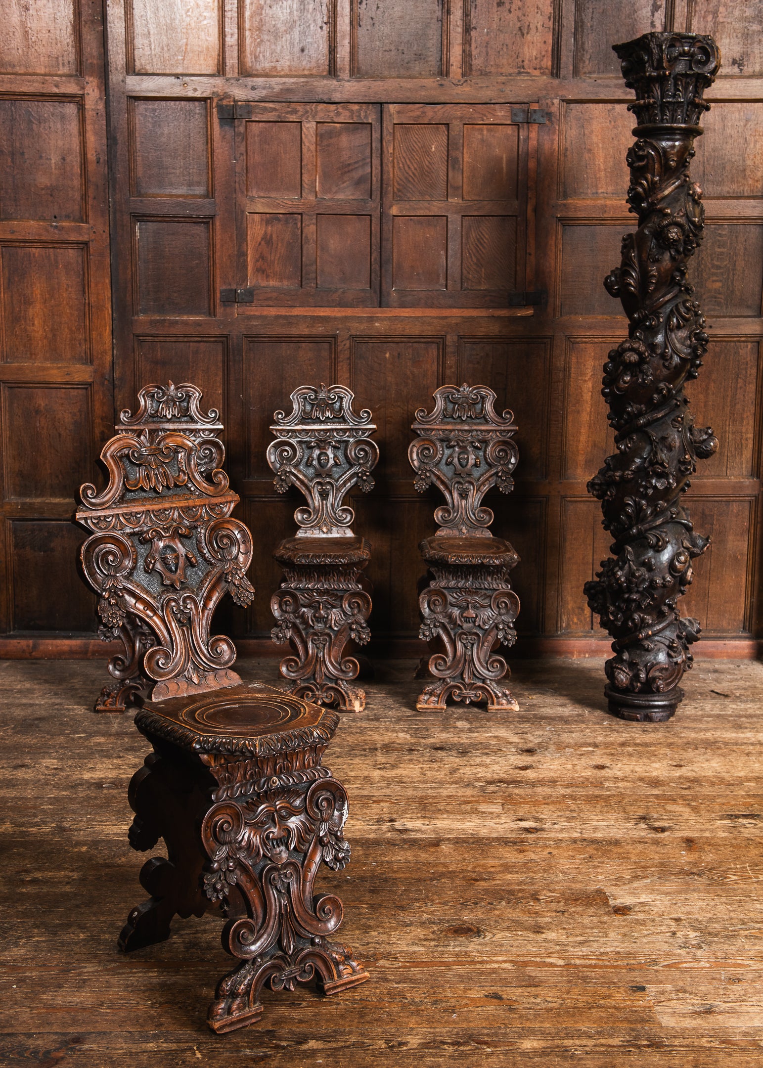 Four Carved Walnut Sgabello Hall Chairs image 3